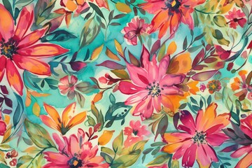 Flowers in a repeated pattern with vibrant, watercolor-like colors. Generative AI