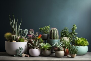 Modern arrangement of various plants, including cacti, succulents, and air plants in decorative pots. Generative AI