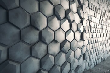 Hexagonal tiles in a polished mosaic pattern forming a 3D wall. Stacked concrete bricks create a semi-glossy block backdrop. Rendered digitally. Generative AI