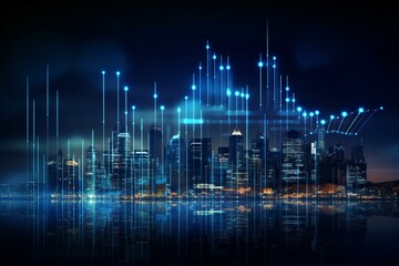 Graphs on blue city background depict finance analytics, rate exchange, and profit in global data networking. Generative AI