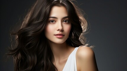 Fototapeta premium Young curly haired woman on dark background look at camera, can be used for ad of shampoo