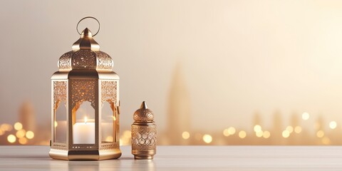 Celebration of islamic eid mubarak and eid al adha lantern in a light background. - obrazy, fototapety, plakaty