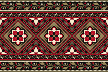 flower embroidery on black background. ikat and cross stitch geometric seamless pattern ethnic oriental traditional. Aztec style illustration design for carpet, wallpaper, clothing, wrapping, batik.