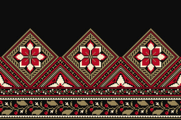 flower embroidery on black background. ikat and cross stitch geometric seamless pattern ethnic oriental traditional. Aztec style illustration design for carpet, wallpaper, clothing, wrapping, batik.