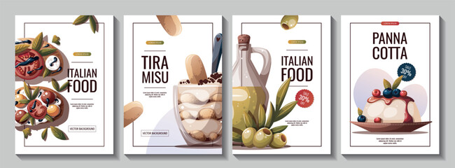 Set of flyers with Italian bruschetta, tiramisu, oliveoil,, Panna cotta. Italian food, healthy eating, cooking, recipes, restaurant menu concept. Vector illustration for card, poster, banner. - obrazy, fototapety, plakaty