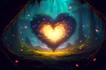 Colorful fantasy heart, light beam, green forest field.