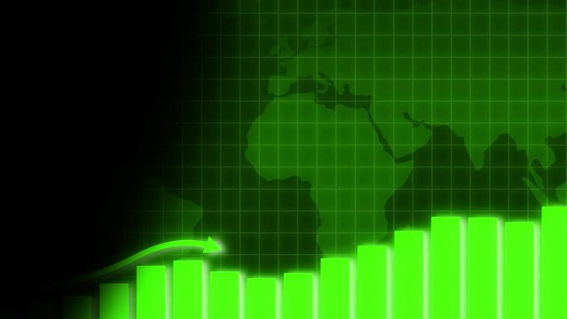 Green color glowing success growth graph Animated growing arrow over dot line world map on graph animated.