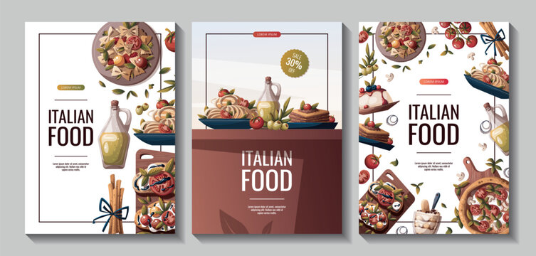 Set of flyers with Italian pizza, pasta, bruschetta, olive oil. Italian food, healthy eating, cooking, recipes, restaurant menu concept. Vector illustration for poster, banner, sale, promo.