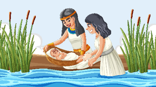 Pharaoh's Daughter Discovers Baby Moses in River Scene