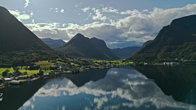 Aerial over Syvde, Vanylven Municipality, Norway. Drone dolly forward shot