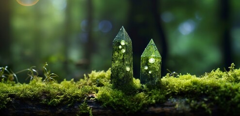 Crystals with moon phases image of moss in a mysterious forest, natural background. - obrazy, fototapety, plakaty