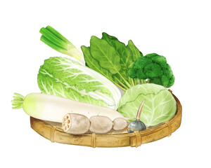 A set of winter vegetables (Chinese cabbage, Japanese white radish, etc.) on a bamboo basket