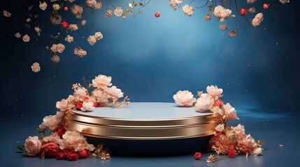 Luxury blue gold Chinese oriental rounded podium mockup with flower AI Generative