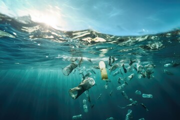 Fototapeta na wymiar Underwater pollution, Plastic water bottles pollution in the ocean.