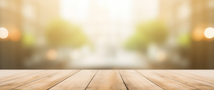 The empty wooden table top with blur background of an office and city. Exuberant image. generative ai