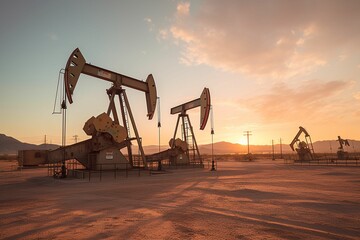 desert oil field dotted with pumpjacks rhythmically moving up and down, extracting the precious resource from deep below