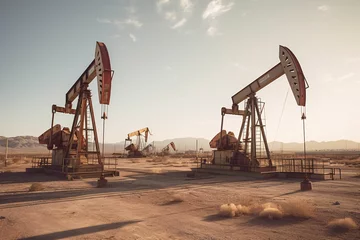 Fotobehang desert oil field dotted with pumpjacks rhythmically moving up and down, extracting the precious resource from deep below © Christian