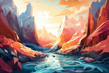 Beautiful abstract illustration depicting a waterfall and snowy mountains. Generative AI