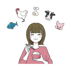 美味しそうにご飯を食べる女性のイラスト02