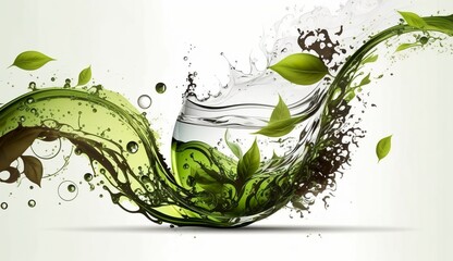 Green herbal tea wave splash with leaves flow.