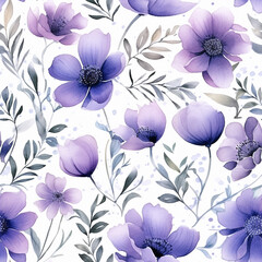 Seamless pattern Purple flowers and leaves swirling isolated on a white background water color
