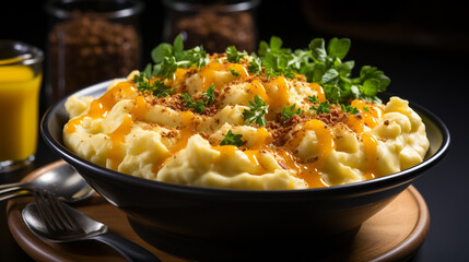 bowl of comforting mac and cheese, with cheesy sauce