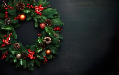Merry Christmas decorated wreath on a dark background, copy space at the right. AI Generative