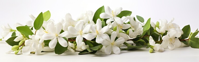 Jasmine flowers on white surface.