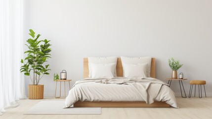 Modern bedroom scene with two made beds and a potted plant - obrazy, fototapety, plakaty