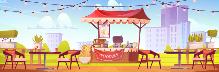 Asian cuisine stall in summer city park. Vector cartoon illustration of noodle shop with fish and seafood menu, chairs and tables outdoors, garland decoration, cityscape background, sunny blue sky