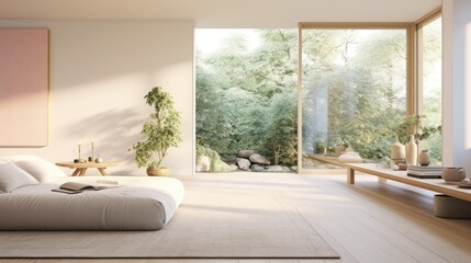 Fototapeta premium Zen-Inspired Room with Sunlight and Greenery