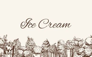 Vintage monochrome ice cream template, hand-drawn. The concept of dessert, a sweet dish in a vintage doodle style. A template with an empty space.