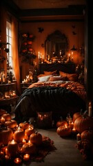 Fototapeta na wymiar Bedroom on bed has orange and black textiles, pumpkins and candles. Generative AI.