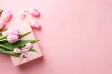 Obraz na płótnie Canvas Pink gift box with ribbon bow and bouquet of tulips on isolated pastel pink background.