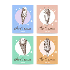 Hand-drawn banners with ice cream in sketch style. Vintage vector illustration. The concept of dessert is a sweet dish in a vintage doodle style.
