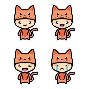 Cute cat emoji set. Flat icons in cartoon style.