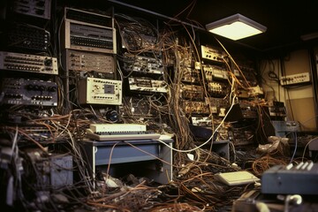 1960s computing space full of tangled wires. Generative AI - obrazy, fototapety, plakaty