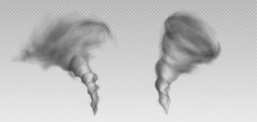 Fotobehang 3d tornado and hurricane isolated vector storm vortex. Realistic whirlwind twister cloud effect icon. Transparent air funnel whirl. Spiral disaster windstorm set. Different typhoon collection © klyaksun