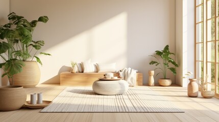 Fototapeta na wymiar Zen-inspired Living Room with Sunlight streaming in