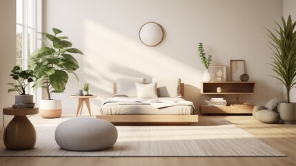Fototapeta na wymiar Modern Minimalist Bedroom with Natural Light and Plants