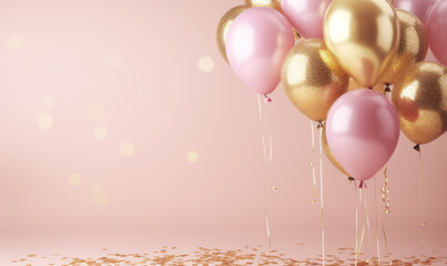 Shiny pink and golden glitter balloons on light pink soft pastel background