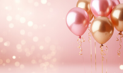 Shiny pink and golden glitter balloons on light pink soft pastel background