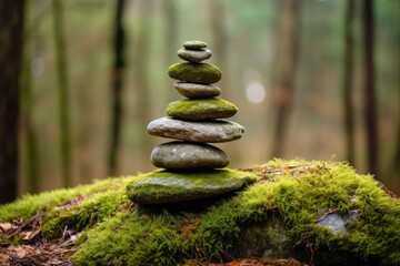 Pyramid stones balance on old mossy fallen tree.