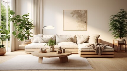 Fototapeta na wymiar Minimalist Living Room with Scandinavian Design and Plants