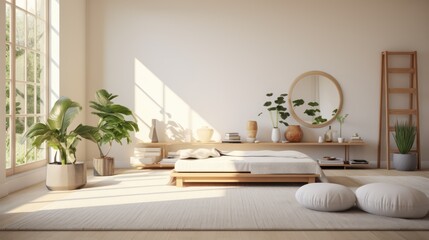 Zen-inspired bedroom with sunlight streaming in