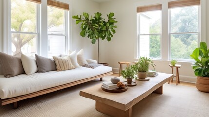 A Well-Decorated Living Room with Lush Plants and a Clean Aesthetic
