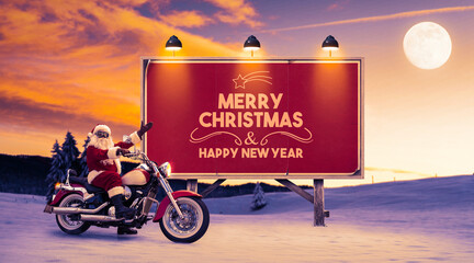 Cool biker Santa Claus and Christmas wishes on a billboard