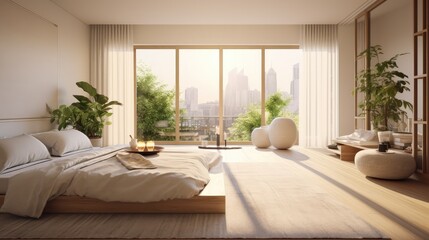 Modern, Large City-View Room with Sunlight & Plants