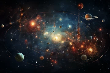 Foto op Canvas Illustration depicting the origin of the universe and planets with cosmic particles and celestial bodies. Generative AI © Isabella