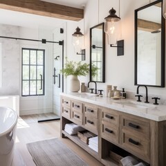 Modern and Clean Bathroom with Double Sinks and Shower - obrazy, fototapety, plakaty